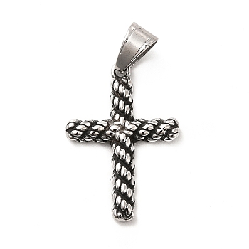 304 Stainless Steel Pendants, Cross Charm, Antique Silver, 32x22x3mm, Hole: 8x5mm