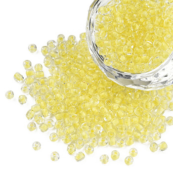 Glow in the Dark Luminous Transparent Glass Seed Beads, Round, Champagne Yellow, 3.5x1.6mm, Hole: 1mm, about 18200pcs/450g, 450g/bag