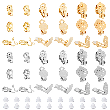 DICOSMETIC 36Pcs 6 Style 304 Stainless Steel Clip-on Earring Findings, with Round Flat Pad, Flat Round, with Plastic Ear Nuts, Mixed Color, Earring Findings: 12~22x6~15x7~9mm, 6pcs/style