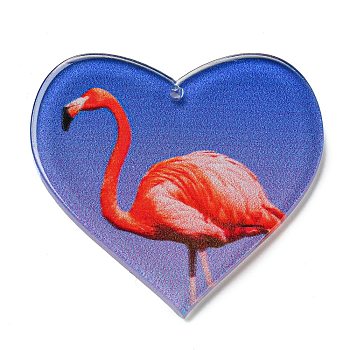 Acrylic Pendants, Heart, Flamingo Shape, 37x40x2.5mm, Hole: 1.5mm