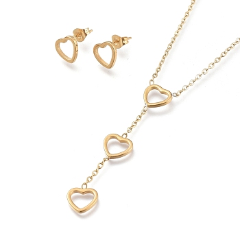 Heart 304 Stainless Steel Jewelry Sets, Cable Chains Pendant Necklaces and Stud Earrings, with Ear Nuts and Lobster Claw Clasps, Golden, 19.88 inch(50.5cm), 8.5x9mm, Pin: 0.7mm