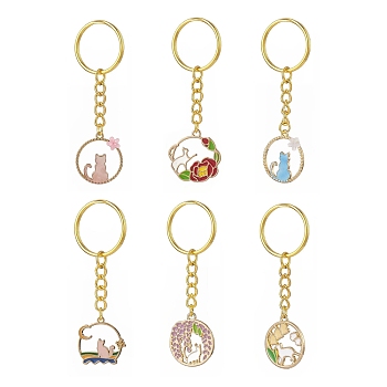 6Pcs 6 Styles Alloy Enamel Pendants Cat Keychain, with Iron Split Key Rings, Flat Round with Cat, Mixed Color, 72~77mm, 1pc/style