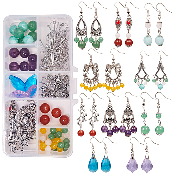 SUNNYCLUE DIY Earring Making, with Alloy Links & Bead Caps, Glass Pendants, Natural Gemstone Beads, Brass Earring Hooks, Mixed Color, 135x70x30mm