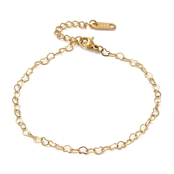 Ion Plating(IP) 304 Stainless Steel Heart Link Chain Bracelets, Real 18K Gold Plated, 7-1/2 inch(19.2cm)