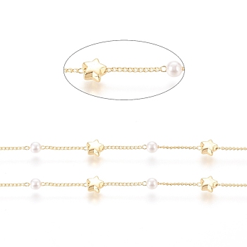 Brass Handmade Beaded Chain, Curb Chains, with CCB Plastic Imitation Pearl Bead, Long-Lasting Plated, Soldered, with Spool, Star, Real 18K Gold Plated, 2x1x0.8mm, Bead: 4mm, Star: 5.5x6.5x3mm, about 32.8 Feet(10m)/roll