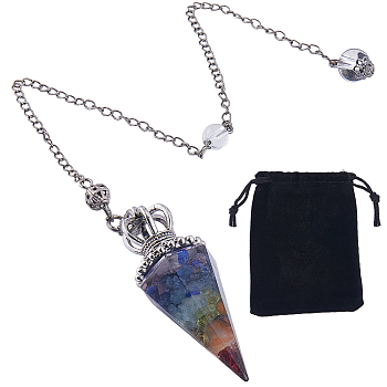 1Pc Clear Resin & Gemstone Chips Hexagonal Cone Pendant Dowsing Pendulums, with Brass Findings, 300mm, Hole: 1.5mm