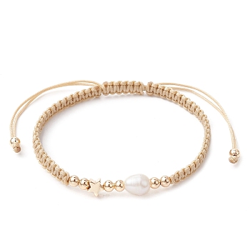 Brass & Natural Pearl Braided Bead Bracelets, Adjustable Bracelet, Star, Inner Diameter: 1-3/4~3-1/2 inch(4.6~8.8cm)