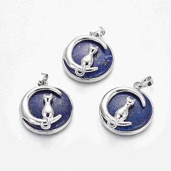 Natural Lapis Lazuli Kitten Pendants, with Platinum Tone Brass Findings, Flat Round with Cat & Crescent Moon Shape, 32x28x9mm, Hole: 5x7mm