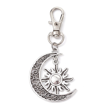 Moon & Sun Tibetan Style Alloy Pendant Decorations, with Swivel Lobster Claw Clasps, Antique Silver, 73mm