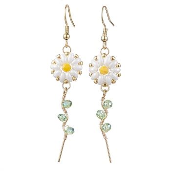 Daisy Flower Glass Dangle Earrings, Alloy Wire Wrapped Long Drop Earrings, Golden, 68~68.5x14mm
