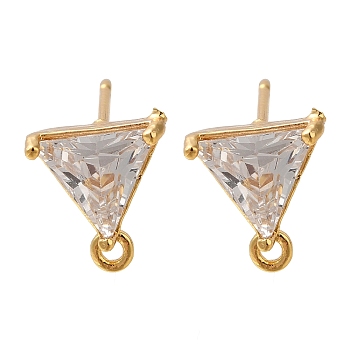 Brass Clear Cubic Zirconia Stud Earrings Finding for Women, Triangle, with Loop, Real 18K Gold Plated, 10x9mm, Hole: 1.2mm, Pin: 0.7x12mm