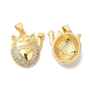 Brass Micro Pave Clear Cubic Zirconia Pendants, Cat Shape Charms, Real 16K Gold Plated, 19x16x7mm, Hole: 4x3.5mm