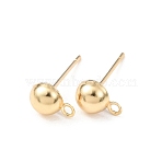 Brass Stud Earring Findings, Cadmium Free & Lead Free, Half Round, with Loop, Real 24K Gold Plated, 8x6mm, Hole: 1.4mm, Pin: 12x0.8mm(KK-G604-01G-03)