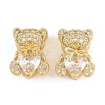Brass Clear Cubic Zirconia Beads, Cadmium Free & Lead Free, Rack Plating, Long-Lasting Plated, Bear with Bowknot, Real 18K Gold Plated, 14x10.5x9mm, Hole: 1.6mm(KK-B186-13G)