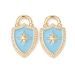 Brass Micro Pave Clear Cubic Zirconia Enamel Pendants, Shield with Star, Golden, Deep Sky Blue, 30.5x18x3mm, Hole: 7x4mm(KK-G543-11G-02)