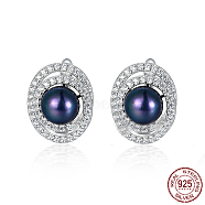 Oval Shape Rhodium Plated 925 Sterling Silver Ear Studs, with Natural Pearl Beads, Platinum, 18x15mm(LE0614-2)