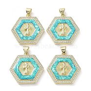 Rack Plating Brass Micro Pave Clear Cubic Zirconia Pendants, with Synthetic Opal, Cadmium Free & Lead Free, Long-Lasting Plated, Real 18K Gold Plated, Flat Round, Hexagon, 24x24x4mm, Hole: 5x3.3mm(KK-C041-06B-G)