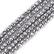 Non-Magnetic Synthetic Hematite Beads Strands, Faceted, Round, Silver Plated, 3mm, Hole: 1mm, about 136pcs/strand, 15.7 inch(X-G-G093-3mm)