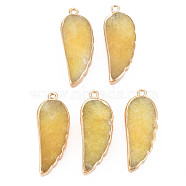 Natural Agate Pendants, with Light Gold Plated Iron Findings, Wing, Dyed & Heated, Gold, 33~33.5x12~13x5~6mm, Hole: 1.8mm(G-N326-127-B02)