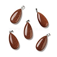 Synthetic Goldstone Pendants, with Platinum Tone Brass Findings, Teardrop, 33x15x7~7.5mm, Hole: 5x3.5mm(G-P474-01P-02)