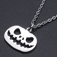 For Halloween, 201 Stainless Steel Pendant Necklaces, with Cable Chains and Lobster Claw Clasps, Pumpkin Jack-O'-Lantern Jack-o-Lantern, Stainless Steel Color, 15.74 inch(40cm), 1.5mm(NJEW-S105-JN593-40-1)