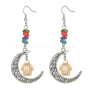 Dyed Synthetic Turquoise Crescent Moon with Tortoise Dangle Earring, Antique Silver Alloy Long Drop Earrings, Beige, 84x35mm(EJEW-JE05269-01)
