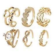 6Pcs 6 Styles Brass Micro Pave Clear Cubic Zirconia Cuff Rings, Open Rings, Long-Lasting Plated, Heart & Hollow Flower & Infinity, Real 18K Gold Plated, Inner Diameter: 16~17mm, 1pc/style(RJEW-LS0001-44G)