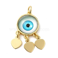 Real 18K Gold Plated Brass Pendants, with Acrylic and Jump Ring, Flat Round with Evil Eye Charms, Deep Sky Blue, 28x14x5mm, Hole: 3.4mm(KK-A198-01G-04)