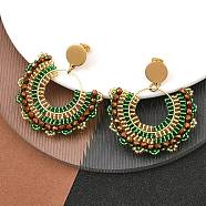 304 Stainless Steel & Bohemian Beaded Fan Dangle Stud Earrings for Women, Golden, Medium Sea Green, 54x49x4mm, Pin: 0.8mm(EJEW-R001-05G-02)