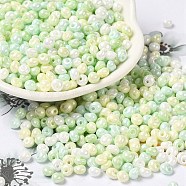 6/0 Glass Seed Beads, Opaque Colours Luster, Teardrop, Honeydew, 4.5~5x4x3~3.5mm, Hole: 0.9mm, about 5625Pcs/Pound(SEED-M012-01A-04)