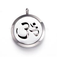 316 Surgical Stainless Steel Diffuser Locket Pendants, with Perfume Pad and Magnetic Clasps, Flat Round with Om Symbol, Stainless Steel Color, 36.5~37x30x6~6.5mm, Hole: 5mm, inner diameter: 23mm, 12color/set(STAS-H342-06P)