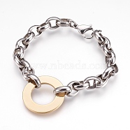 304 Stainless Steel Link Bracelets, with Lobster Claw Clasps, Ring, Golden & Stainless Steel Color, 9 inch~9-1/4 inch(23~23.5cm), 9.5~10mm(BJEW-G596-21A)