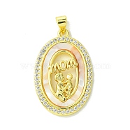 Mother's Day Real 18K Gold Plated Brass Micro Pave Clear Cubic Zirconia Pendants, with Shell, Real 18K Gold Plated, Oval, 31x20x3.5mm, Hole: 3.5x4.5mm(KK-H472-13G-09)