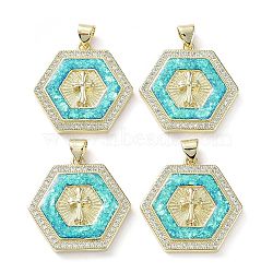 Rack Plating Brass Micro Pave Clear Cubic Zirconia Pendants, with Synthetic Opal, Cadmium Free & Lead Free, Long-Lasting Plated, Real 18K Gold Plated, Flat Round, Hexagon, 24x24x4mm, Hole: 5x3.3mm(KK-C041-06B-G)