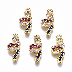 Brass Micro Pave Cubic Zirconia Charms, Nickel Free, Snake, Colorful, Real 18K Gold Plated, 15x6x1.5mm, Hole: 1mm(KK-N233-080-NF)
