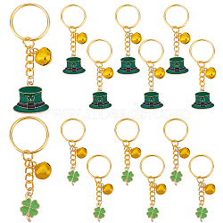 Elite 16Pcs 2 Style St.Patrick's Day Alloy Enamel Charms Keychains, Aluminum Bell Keychains, with Iron Findings, Golden, Hat with Clover & Clover, Mixed Color, 7~7.2cm, 8pcs/style(KEYC-PH0001-70)