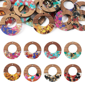 16Pcs 8 Colors Transparent Resin & Walnut Wood Pendants, with Gold Foil, Donut Charms, Mixed Color, 38x3mm, Hole: 2mm, 2pcs/color