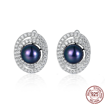 Oval Shape Rhodium Plated 925 Sterling Silver Ear Studs, with Natural Pearl Beads, Platinum, 18x15mm