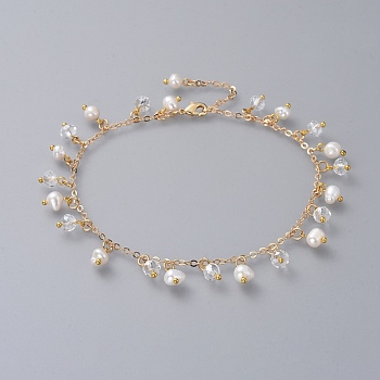 Anklets, with Natural Pearl, Glass Beads, Brass Cable Chains and Lobster Claw Clasps, Real 18K Gold Plated, 11-1/2 inch(29.1cm)