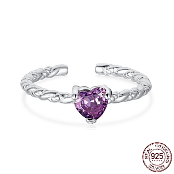 Rhodium Plated 925 Sterling Silver Twist Open Finger Rings, Birthstone Ring, with Cubic Zirconia for Women, Heart Cuff Ring, Real Platinum Plated, Purple, 1.8mm, US Size 7(17.3mm)
