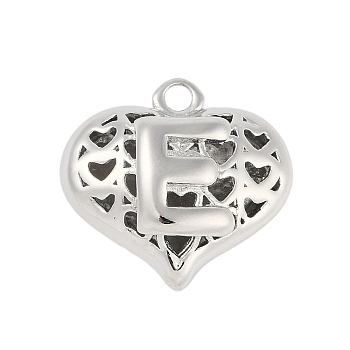 Hollow Brass Pendants for Valentine's Day, Heart with Letter, Real Platinum Plated, Letter E, 25x26x13mm, Hole: 2.5mm