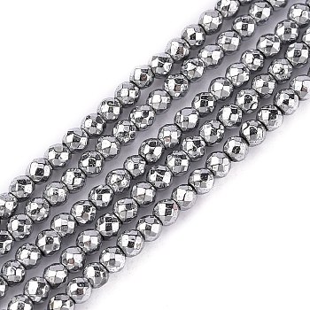 Non-Magnetic Synthetic Hematite Beads Strands, Faceted, Round, Silver Plated, 3mm, Hole: 1mm, about 136pcs/strand, 15.7 inch