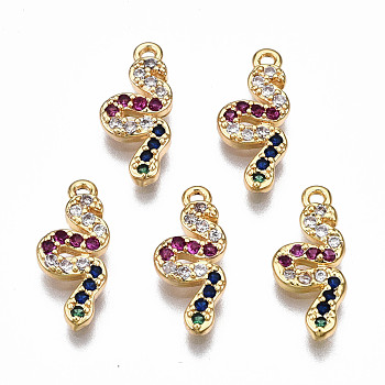 Brass Micro Pave Cubic Zirconia Charms, Nickel Free, Snake, Colorful, Real 18K Gold Plated, 15x6x1.5mm, Hole: 1mm