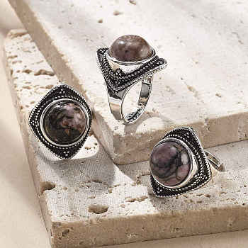 Natural Rhodonite Adjustable Rings, Antique Silver Tone Brass Finger Rings, Rhombus, 22mm, Inner Diameter: 18mm