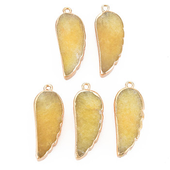 Natural Agate Pendants, with Light Gold Plated Iron Findings, Wing, Dyed & Heated, Gold, 33~33.5x12~13x5~6mm, Hole: 1.8mm