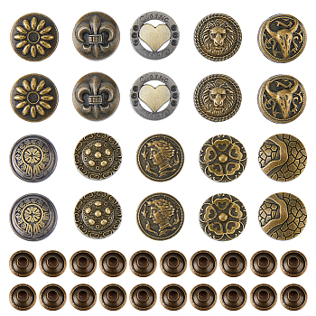 20 Sets 10 Style Lion/Flower/Heart Alloy Decorative Rivets, Collision Rivet, for DIY Leathercraft, Flat Round, Antique Bronze, Mixed Shapes, 16.5~17x7~9mm, Hole: 2mm, 2 sets/style