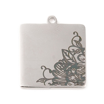 Non-Tarnish 304 Stainless Steel Pendants, Square with Flower Pattern, Stainless Steel Color, 20x18x1mm, Hole: 1.5mm