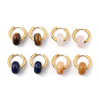 304 Stainless Steel Huggie Hoop Earrings, with 316 Surgical Stainless Steel Pin and Rondelle Natural Gemstone Beads, Golden, 25mm, Pin: 0.9mm