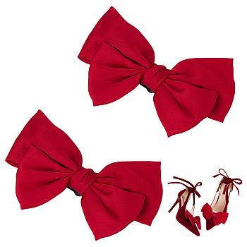 2Pcs Detachable Ribbon Satin Bowknot Shoe Decoration, with Iron Buckle Clip, Dark Red, 90~95x125~130x19.5mm