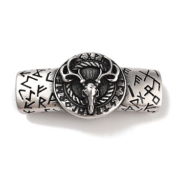 Tibetan Style 304 Stainless Steel Slide Charms/Slider Beads, for Leather Cord Bracelets Making, Rectangle with Deer Skull, Antique Silver, 20x41.5x11mm, Hole: 11x5mm